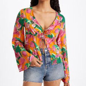 Floral V-Neck Kimono Sleeve Double Tie Front Top